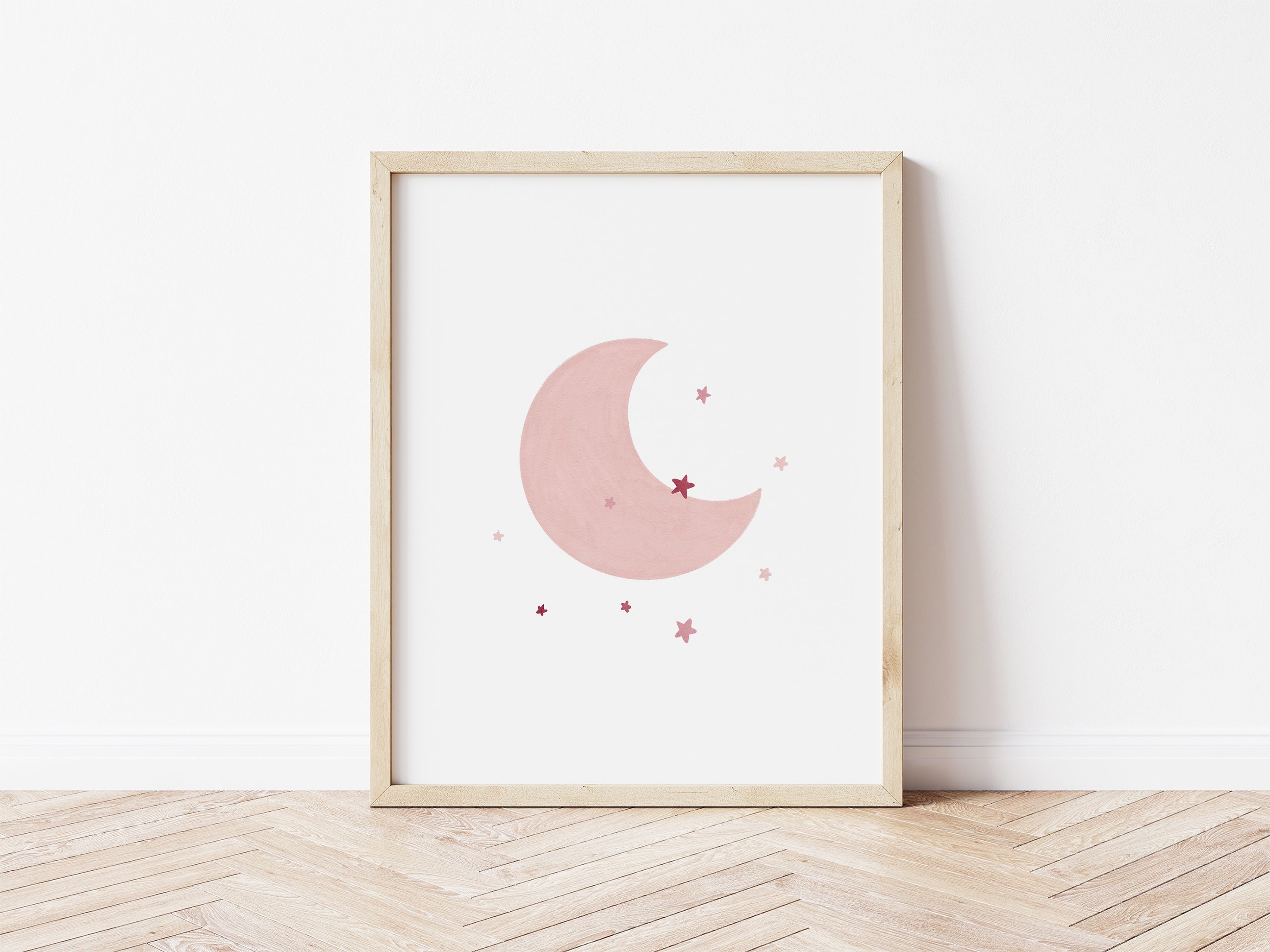 Pink Moon Print | Girls Room Decor | Nursery Printable Wall Art | Celestial Art Poster | Baby Bedroom | Moon and Star Painting for Toddler