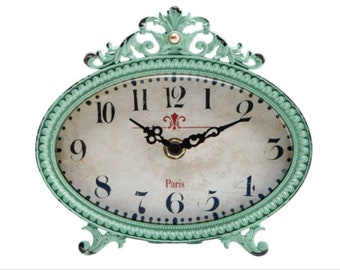 Retro Table Clock vintage Mantel Clock Small Round French Turquoise Color Rococo Style Desk Clock Battery Operated Rustic Design