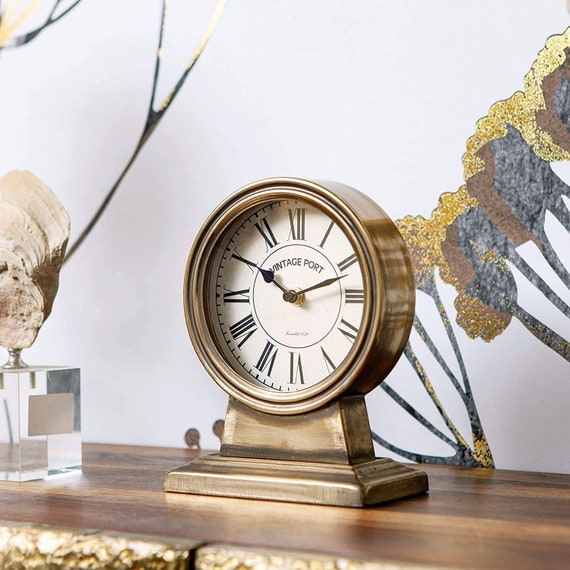 Retro Table Clock Vintage Gold Silent Nonticking Battery Etsy