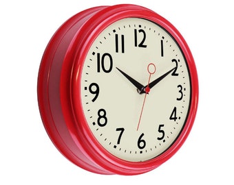 Retro Wall Clock 9.5 Inch Red Kitchen 50's Vintage Design Round Silent Non Ticking Battery Operated Quality Quartz Clock