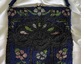 1920s Vintage Beaded Purse, Evening Bag, Boho Clutch / Silver Kiss Lock / Gray Silk Lining / Exquisite Blue Floral Design