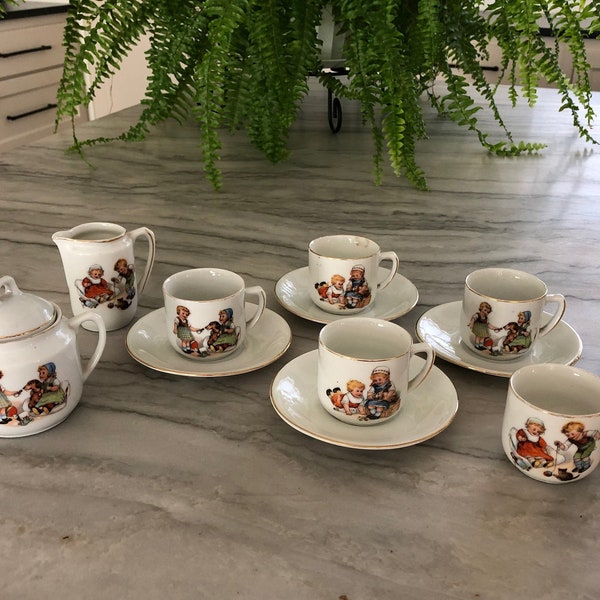 1930s Children's Porcelain Tea Set, German, 15 pc / Children Playing with Cats, Dogs, Rabbits / Antique Fine China, Gold Trim