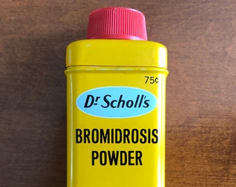 1960s DR. SCHOLL'S Foot Powder  / Yellow Tin, Bromidrosis Powder, 2 oz  / Very Good Condition / Vintage Medicine Pharmacy Display