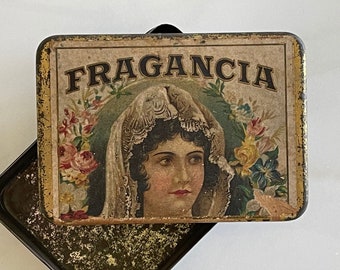 Antique FRAGANCIA Cigar Tin, Lithograph Label, Victorian Collectible
