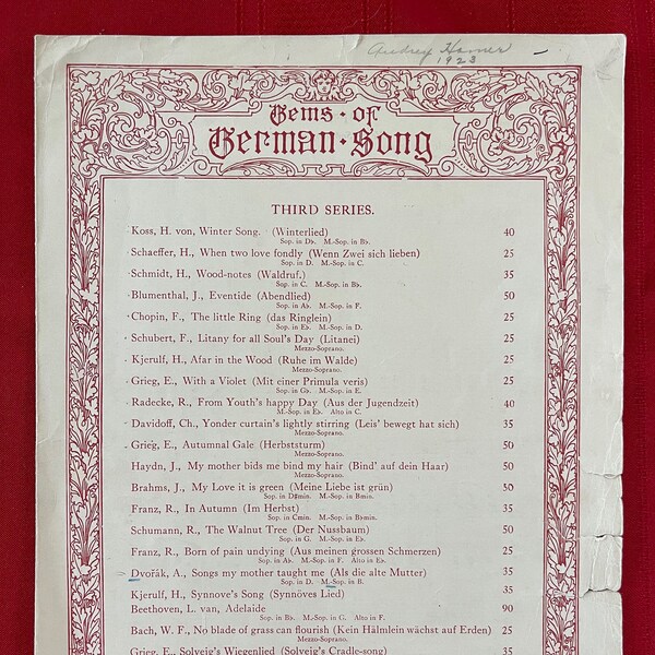 DVORAK, Gems of German Song, Third Series, All die alte Mutter (Songs My Mother Taught Me) Op. 55 No 4, M Sop in B / Antique Sheet Music