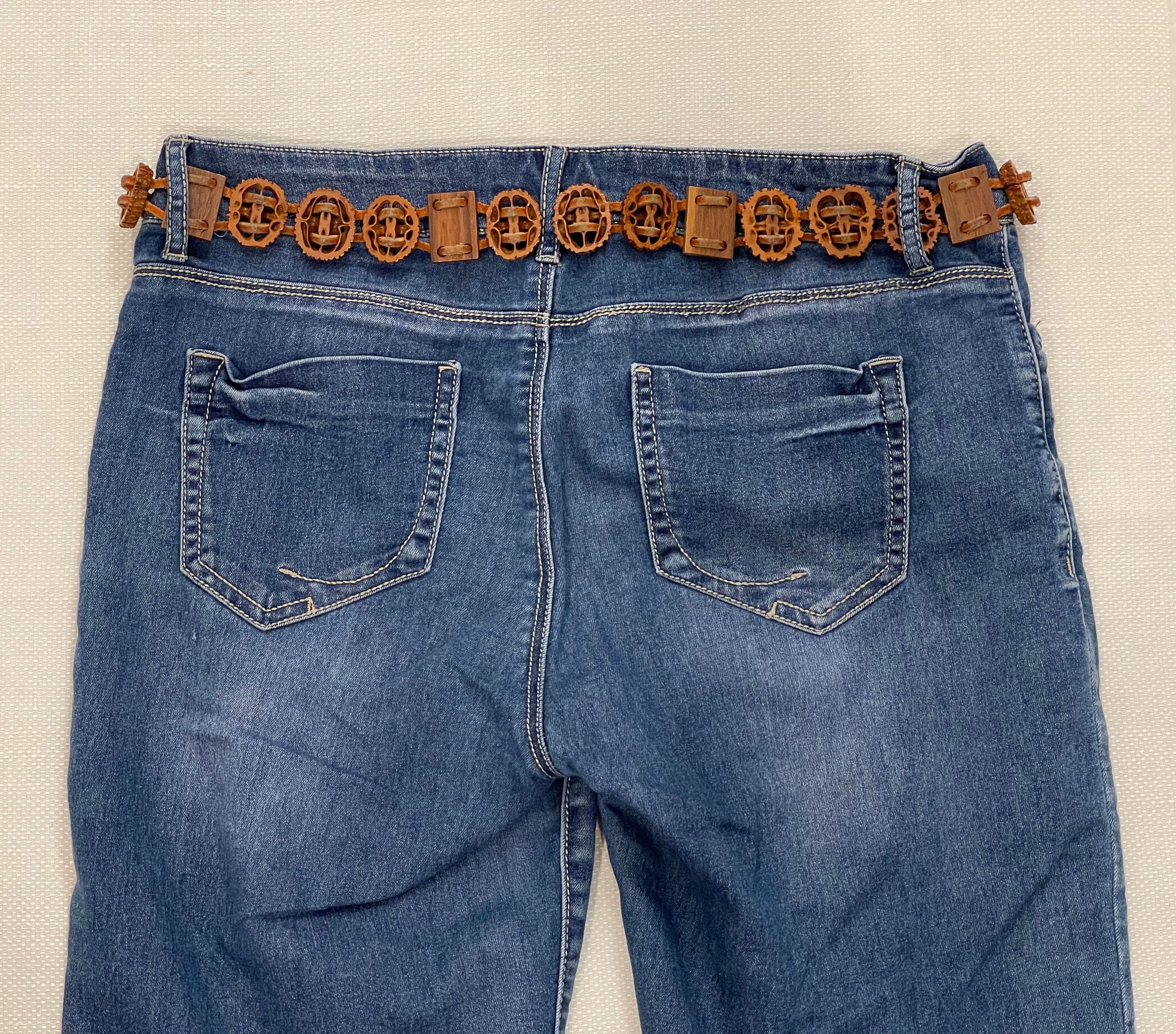 Vtg Boho Carved Walnut Shell Leather Belt Cord Handmade Folk Art 56\