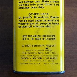 1960s DR. SCHOLL'S Foot Powder / Yellow Tin, Bromidrosis Powder, 2 oz / Very Good Condition / Vintage Medicine Pharmacy Display image 3