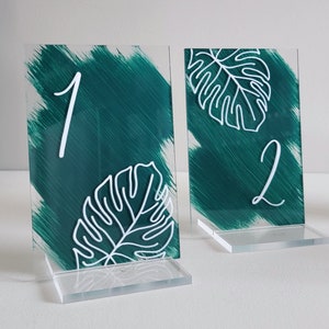 Acrylic Table Numbers with Monstera Leaf Illustration | Hand Lettered Table Numbers | Wedding Decor | Vertical Table Numbers