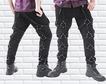 Prime Quality Handmade Gothic Men Black Chrome Trousers Punk Rock Studs Metal /Chain Trouser