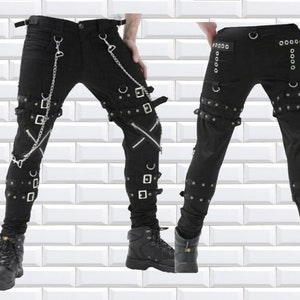 Prime Quality Handmade Gothic Bondage Rock Black Punk Buckle Zips Chain Strap Trousers