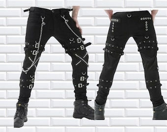 Prime Quality Handmade Gothic Bondage Rock Black Punk Buckle Zips Chain Strap Trousers