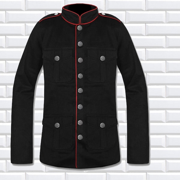 SMI fait à la main en coton pour homme veste militaire noir rouge Goth Steampunk officier de l'armée caban fait à la main