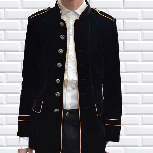 Men's handmade Black COTTON Jacket Black Military Style Yellow piping,Men's Gothic fashion coat