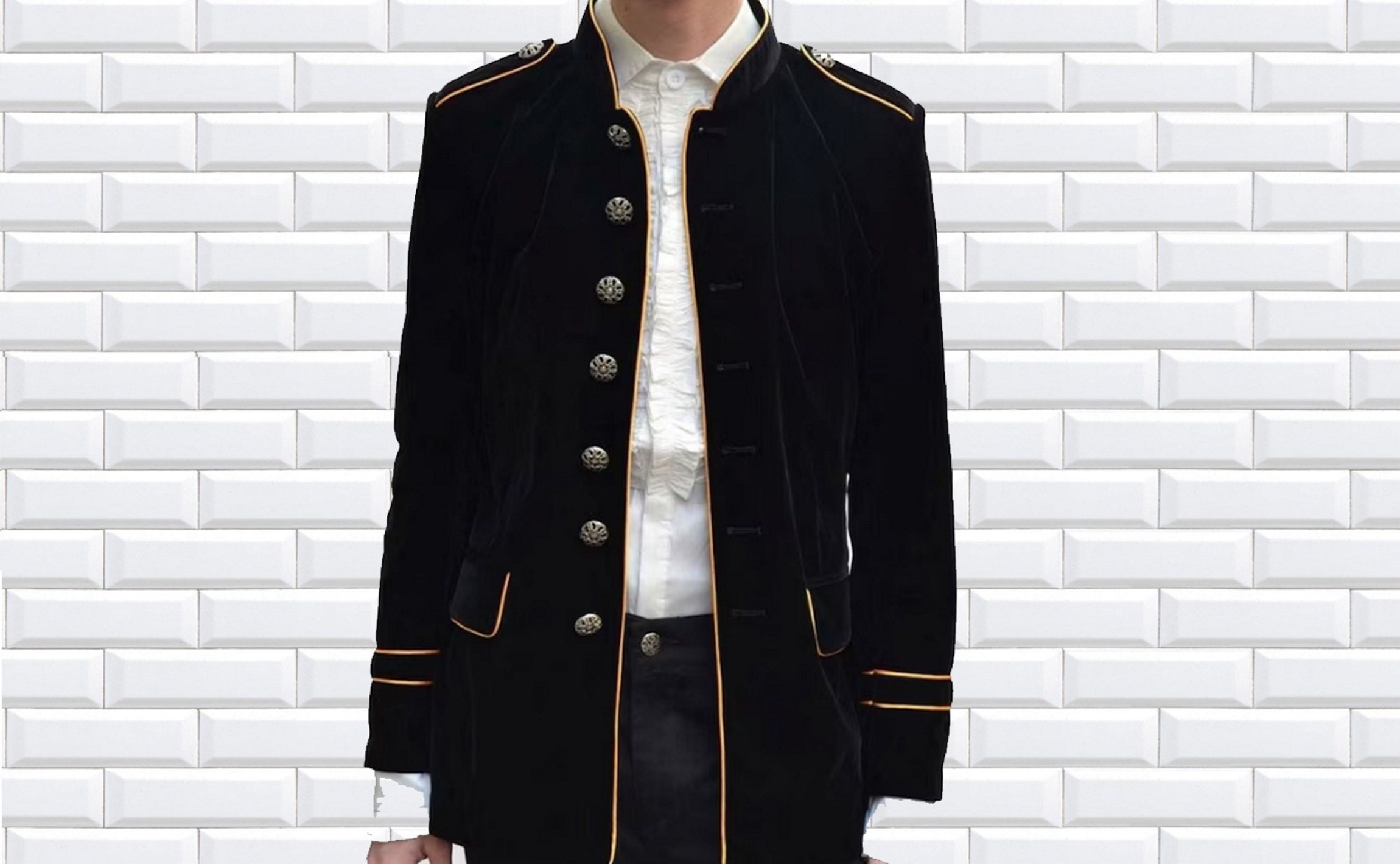 Long manteau en coton noir style officier pour hommes de pentagramme