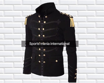 Men Handmade black Embroidery BLACK Military Napoleon Zip Jacket 100% Cotton