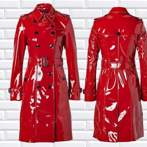 PVC Vinyl Women's Trench Coat  Women Red ,Belted Waist Coats, Women’s Latex Jackets