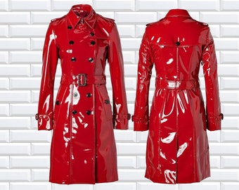 PVC Vinyl Women's Trench Coat  Women Red ,Belted Waist Coats, Women’s Latex Jackets