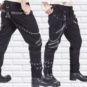 Men's Handmade Gothic Black Pant Eyelets Cargo Bondage Trouser Punk Rock Pant