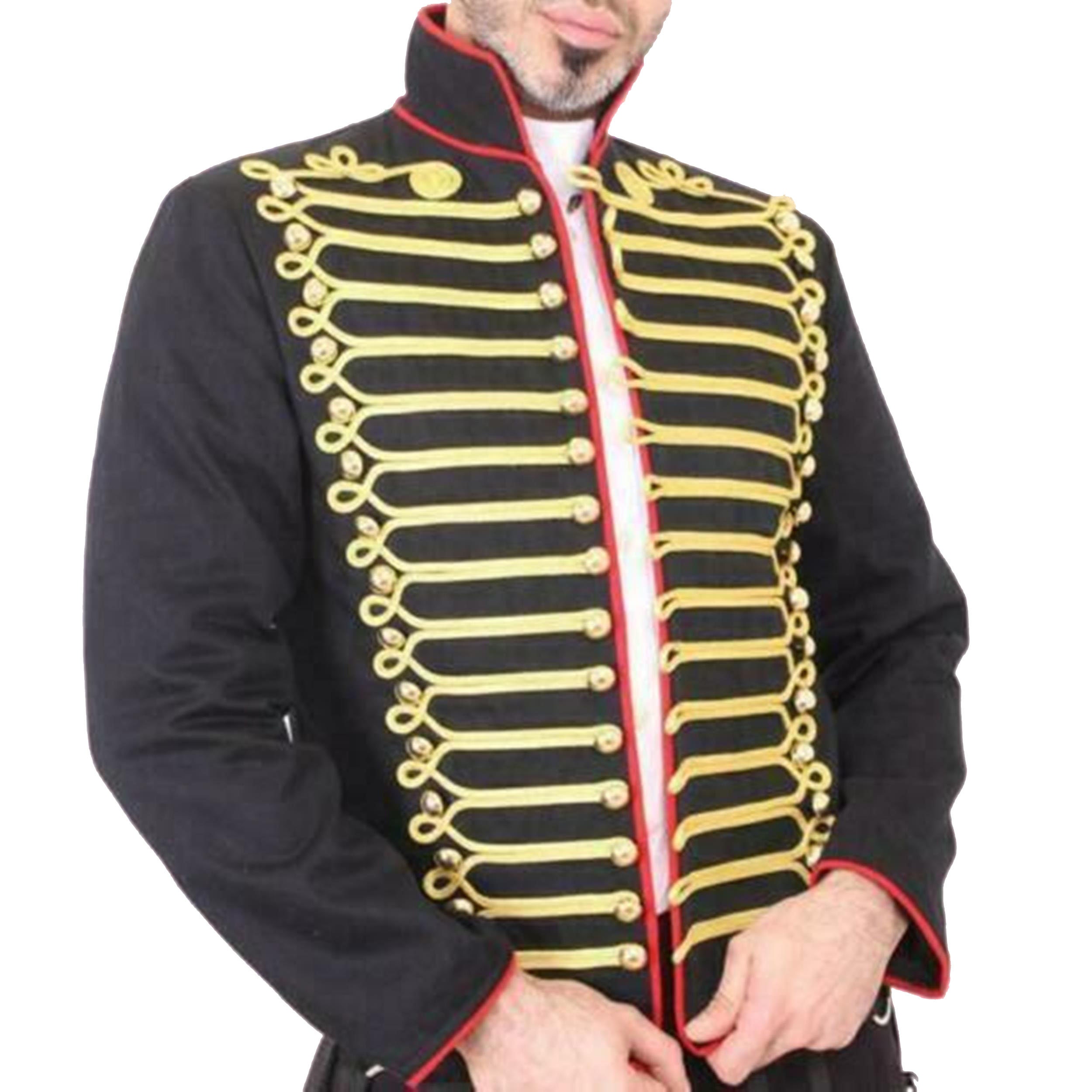 Men Handmade Black Embroidery Red Military Napoleon Hook Jacket 100% Cotton 
