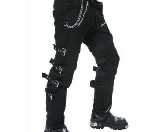 Men's Handmade Black Gothic Steampunk Punk Morte Pants Buckle Chain Trousers