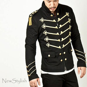Men Handmade Gold Embroidery Black Military Napoleon Jacket 100% Cotton ...