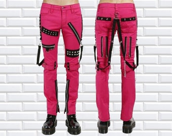 Handmade Gothic Split Leg Bondage Pant Rock Hard Trouser Heavy Weight EMO/TRIPP PANTS pink women