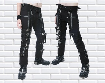 Men handmade Gothic Pant Black Buckle Zip Chain Bondage Trouser Cyber Gothic Punk Pant