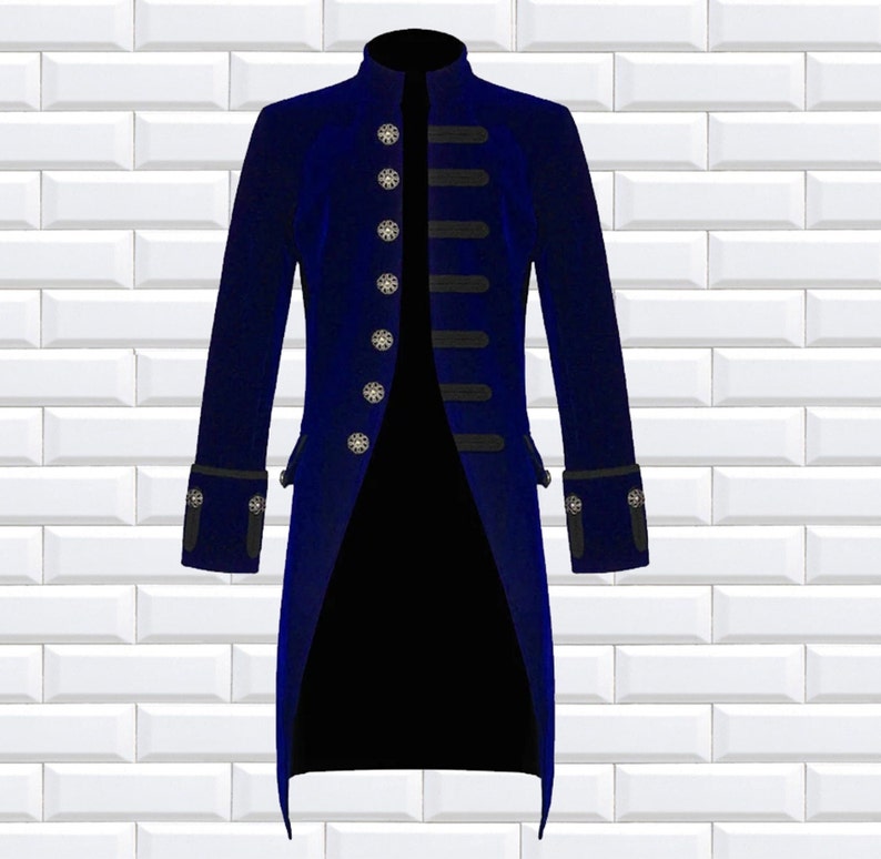 Fashion Mens Tailcoat Blue Velvet Goth Steampunk Aristocrat Regency Jacket image 2