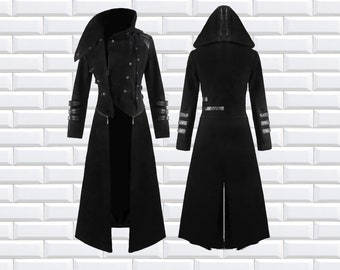 Mens Handmade Velvet Scorpion Coat Long coat,Black Gothic Steampunk Hooded Trench coat