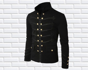 Men Handmade 100% Cotton black Embroidery BLACK Military Napoleon Zip Jacket