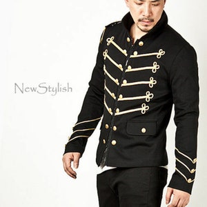 Men Handmade Gold Embroidery Black Military Napoleon Jacket 100% Cotton ...