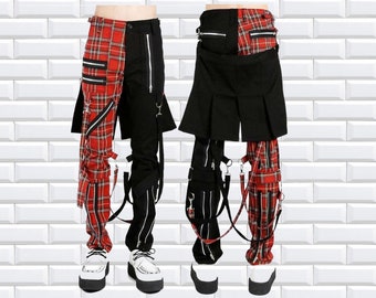 Men's Gothic Pant Split Leg Bumflap Pant Red Plaid Trouser/ Gothic Trouser