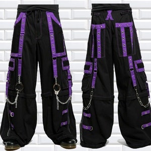 Men's  Black/Purple Gothic Bondage Pant Zip Off Into Shorts Punk Rock Dead Threads Baggy Pant