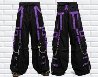 Men's  Black/Purple Gothic Bondage Pant Zip Off Into Shorts Punk Rock Dead Threads Baggy Pant