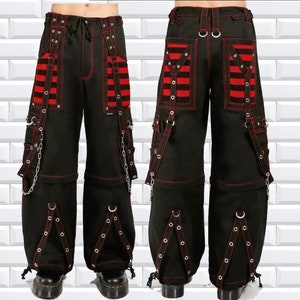 BLACK & RED  handmade Electro Bondage Rave Men Gothic Cyber Chain Goth Jeans Punk Rock Pant Trouser BAGGY pant