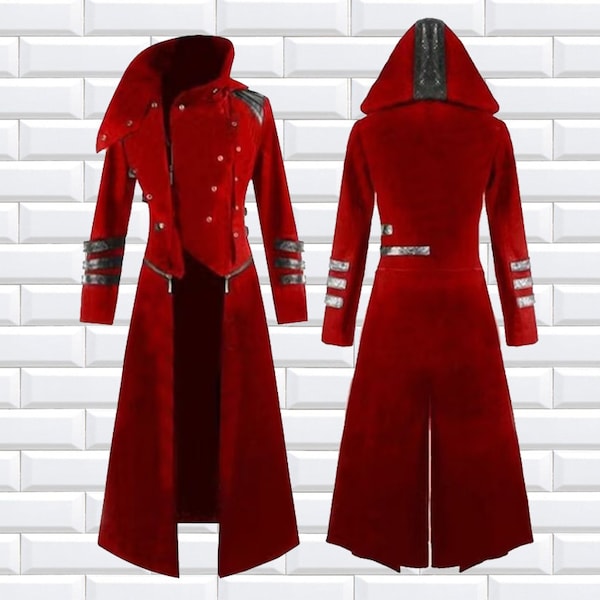 Mens RED Handmade Cotton Scorpion Coat Long coat, Gothic Steampunk Hooded Trench coat