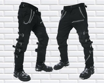 Men's Handmade Black Gothic Steampunk Punk Morte Pants Buckle Chain Trousers