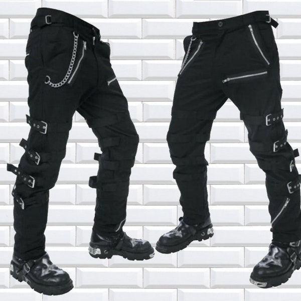 Men's Handmade Black Gothic Steampunk Punk Morte Pants Buckle Chain Trousers