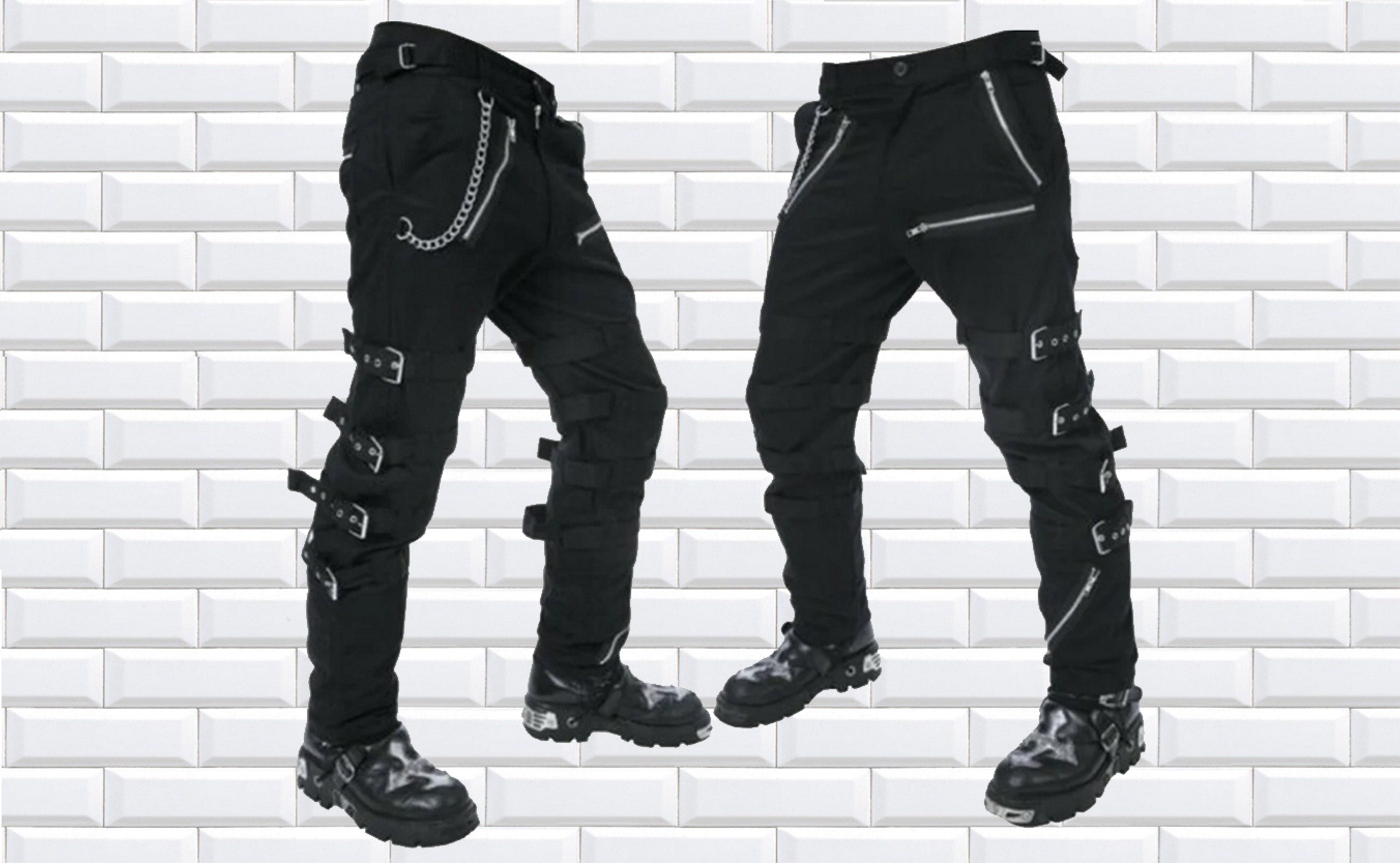 Men's Gothic Threads Reflective Pant Black Punk Buckle Zips Chain Strap  Punk Trousers With Understated Gothic Pants Hi-405-gt 
