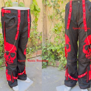 Men Gothic Trousers Red Skull Trouser Pant Punk Dark Pant Men Gothic