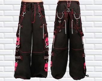 Pantalon gothique | Pantalon rose gothique Super Skull avec chaîne cybernétique gothique punk rock | Pantalon gothique tête de mort | Pantalon gothique