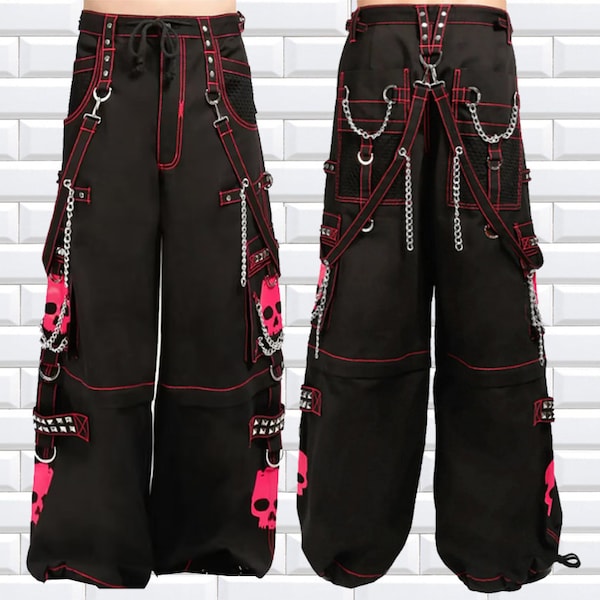 Pantalon gothique | Pantalon rose gothique Super Skull avec chaîne cybernétique gothique punk rock | Pantalon gothique tête de mort | Pantalon gothique