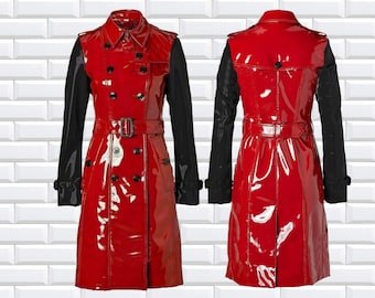 PVC Vinyl Women's Trench Coat  Women Red ,Belted Waist Coats, Women’s Latex Jackets