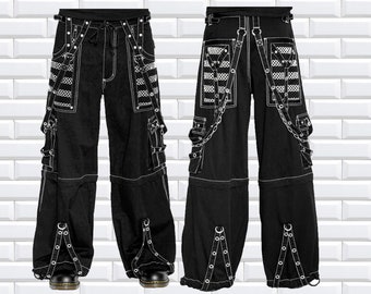 BLACK & WHITE  handmade  Electro Bondage Rave Men Gothic Cyber Chain Goth Jeans Punk Rock Pant Trouser BAGGY pant