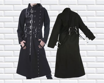 Men Handmade Long Black BUCKLE Zips Chains Strap TRENCH Coat GOTHIC jacket