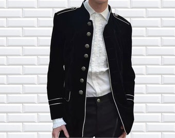 Men's  handmade Black  Cotton Jacket Black Military Style Silver piping,Men's Gothic fashion coat