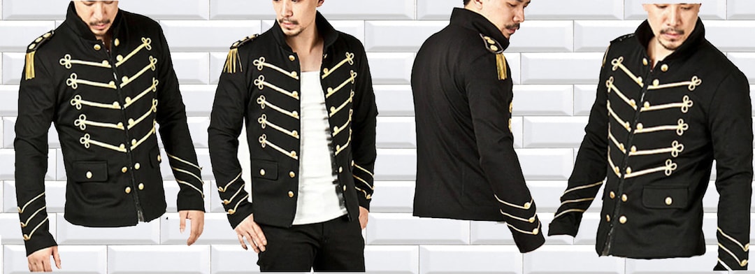 Men Handmade Gold Embroidery Black Military Napoleon Jacket 100% Cotton ...