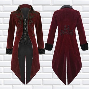 Fashion Mens Tailcoat Red Velvet Goth Steampunk Aristocrat Regency Jacket