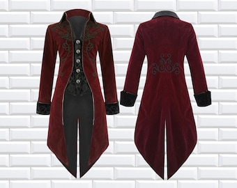 Fashion Mens Tailcoat Red Velvet Goth Steampunk Aristocrat Regency Jacket