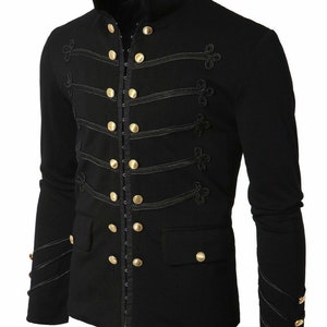 Men Handmade 100% Cotton Black Embroidery BLACK Military Napoleon Zip ...